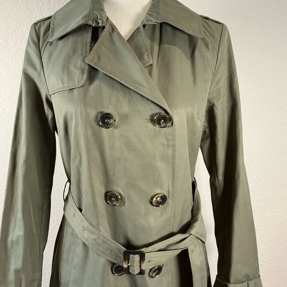 NEW Women's TAHARI Stella Double-Breasted Trench Coat with Ruffled Cuffs- Olive - Picture 2 of 9